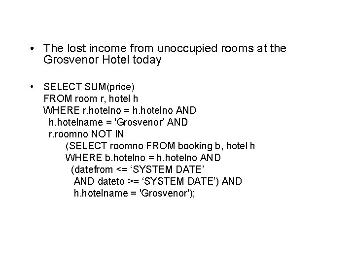  • The lost income from unoccupied rooms at the Grosvenor Hotel today •