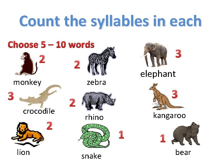 Count the syllables in each Choose 5 – 10 words 2 2 monkey elephant