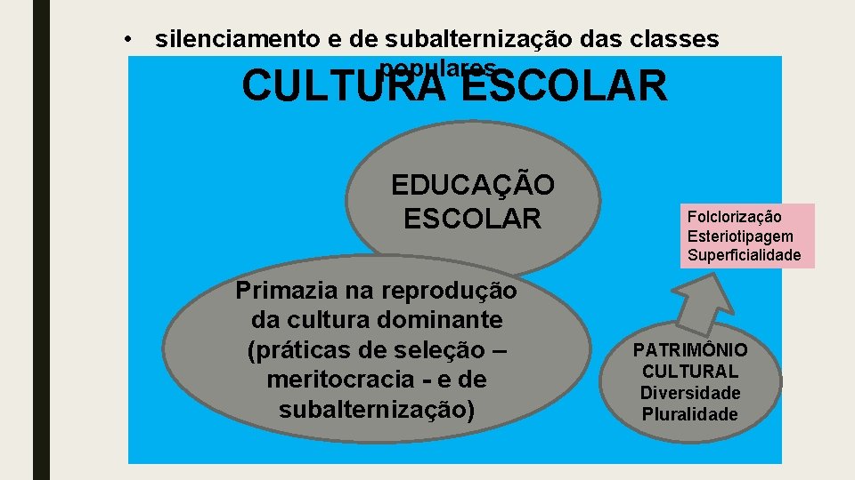  • silenciamento e de subalternização das classes populares CULTURA ESCOLAR EDUCAÇÃO ESCOLAR Primazia