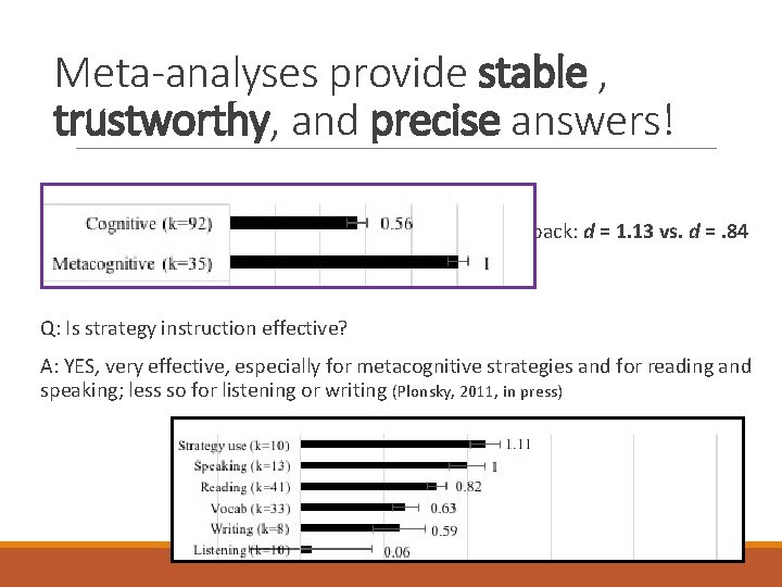 Meta-analyses provide stable , trustworthy, and precise answers! Q: Is computer-based feedback helpful? A: