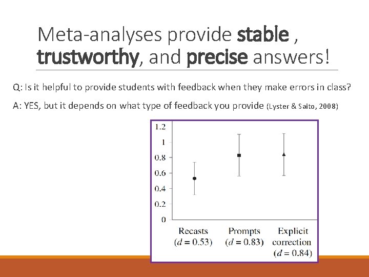 Meta-analyses provide stable , trustworthy, and precise answers! Q: Is it helpful to provide