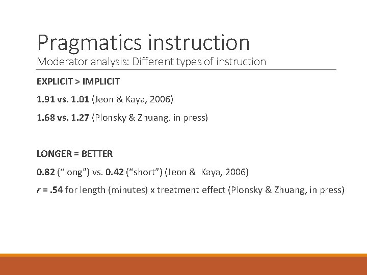 Pragmatics instruction Moderator analysis: Different types of instruction EXPLICIT > IMPLICIT 1. 91 vs.