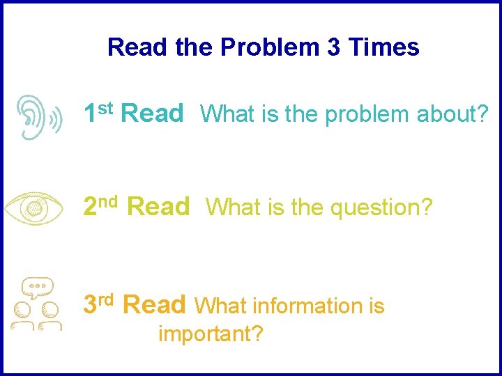 Read the Problem 3 Times 1 st Read What is the problem about? 2