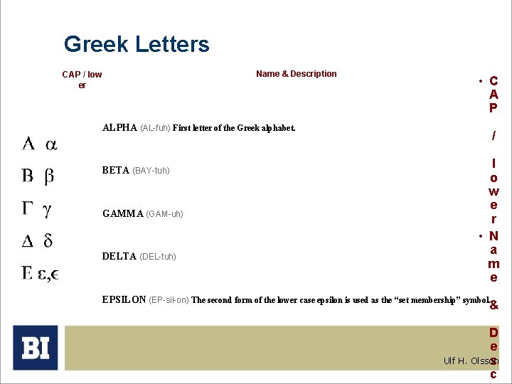 Greek Letters CAP / low er Name & Description • C A P ALPHA