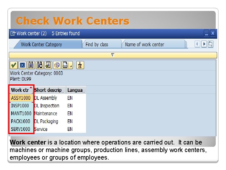 Check Work Centers Work center is a location where operations are carried out. It
