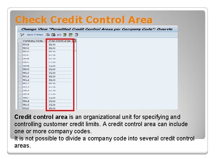 Check Credit Control Area Credit control area is an organizational unit for specifying and