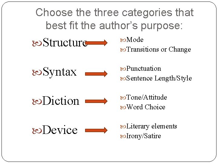 Choose three categories that best fit the author’s purpose: Structure Mode Syntax Punctuation Diction