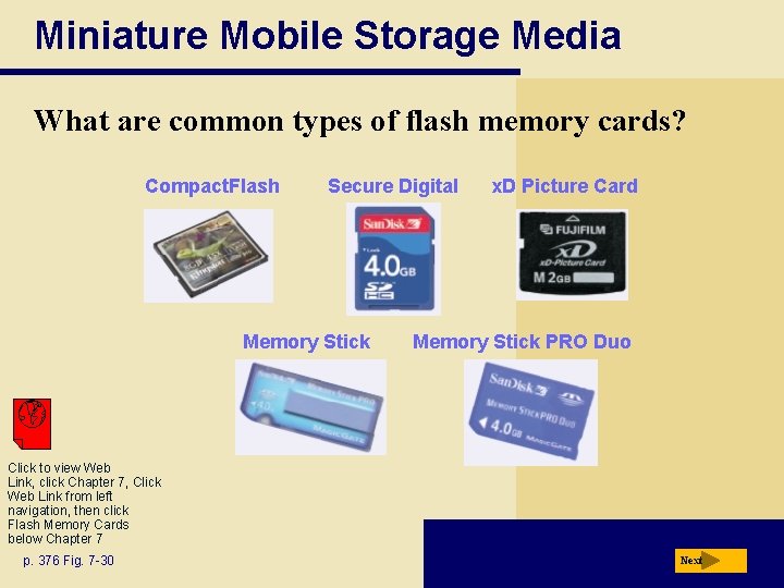 Miniature Mobile Storage Media What are common types of flash memory cards? Compact. Flash