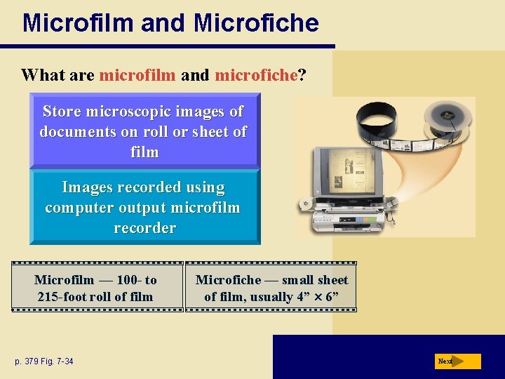 Microfilm and Microfiche What are microfilm and microfiche? Store microscopic images of documents on