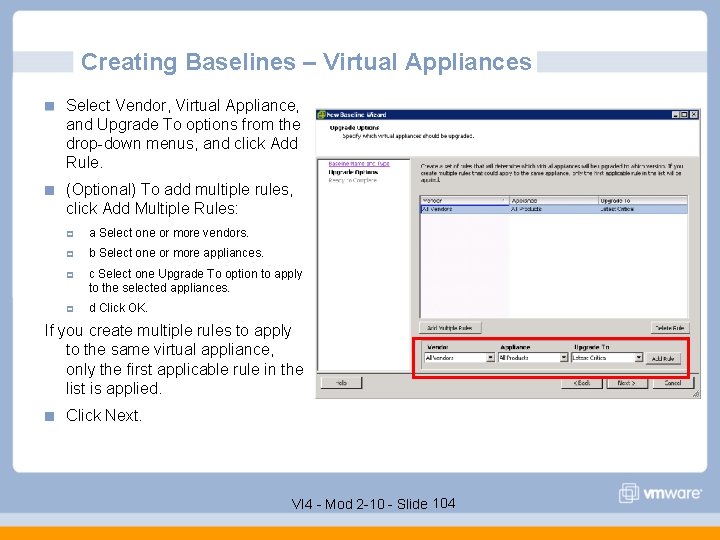 Creating Baselines – Virtual Appliances Select Vendor, Virtual Appliance, and Upgrade To options from
