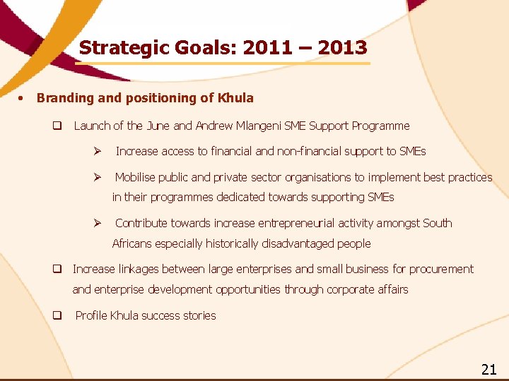 Strategic Goals: 2011 – 2013 • Branding and positioning of Khula q Launch of Strategic Goals: 2011 – 2013 • Branding and positioning of Khula q Launch of