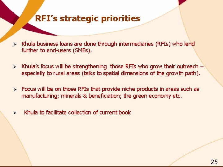 RFI’s strategic priorities Ø Khula business loans are done through intermediaries (RFIs) who lend RFI’s strategic priorities Ø Khula business loans are done through intermediaries (RFIs) who lend