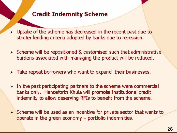 Credit Indemnity Scheme Ø Uptake of the scheme has decreased in the recent past Credit Indemnity Scheme Ø Uptake of the scheme has decreased in the recent past