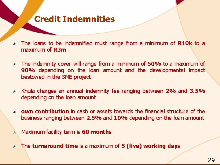 Credit Indemnities The loans to be indemnified must range from a minimum of R Credit Indemnities The loans to be indemnified must range from a minimum of R