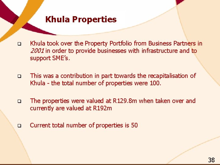 Khula Properties q Khula took over the Property Portfolio from Business Partners in 2001 Khula Properties q Khula took over the Property Portfolio from Business Partners in 2001