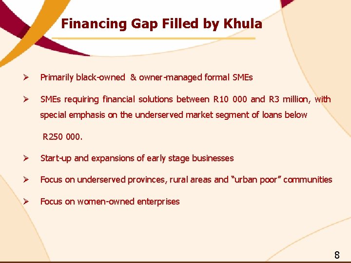 Financing Gap Filled by Khula Ø Primarily black-owned & owner-managed formal SMEs Ø SMEs Financing Gap Filled by Khula Ø Primarily black-owned & owner-managed formal SMEs Ø SMEs