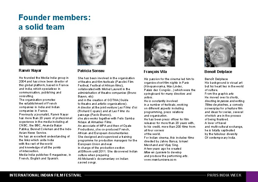 Founder members: a solid team Ranvir Nayar Patricia Soreau François Vila Benoît Delplace He