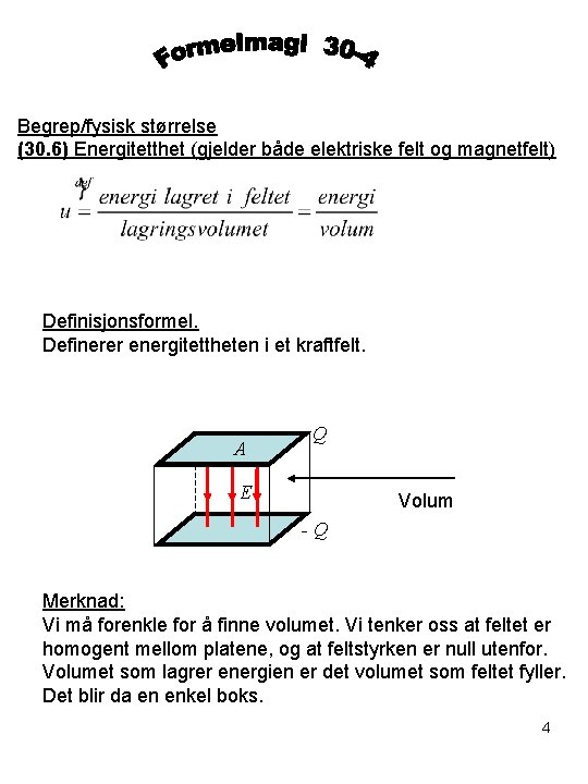 Begrep/fysisk størrelse (30. 6) Energitetthet (gjelder både elektriske felt og magnetfelt) Definisjonsformel. Definerer energitettheten