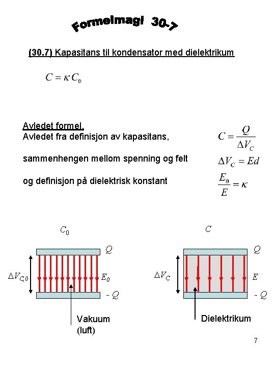 (30. 7) Kapasitans til kondensator med dielektrikum Avledet formel. Avledet fra definisjon av kapasitans,