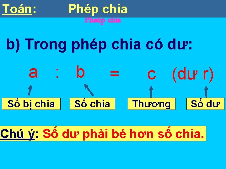 Toán: Phép Toaùn chia Pheùp chia b) Trong phép chia có dư: a :