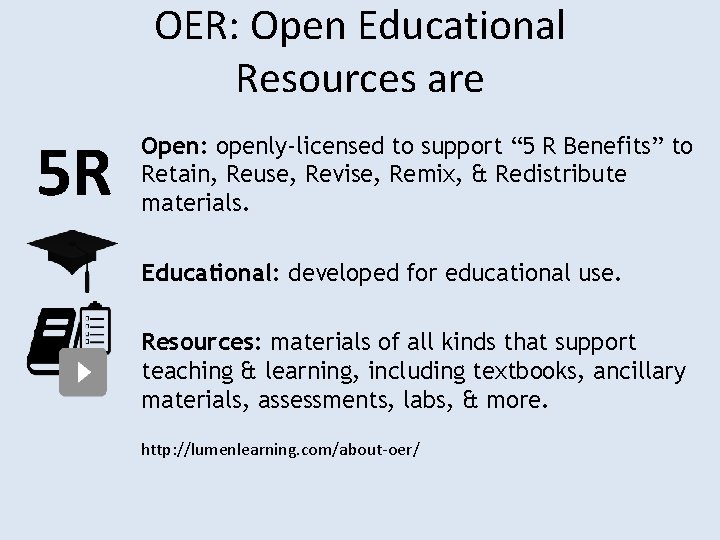 OER: Open Educational Resources are 5 R Open: openly-licensed to support “ 5 R
