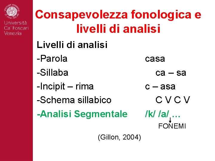 Consapevolezza fonologica e livelli di analisi Livelli di analisi -Parola -Sillaba -Incipit – rima