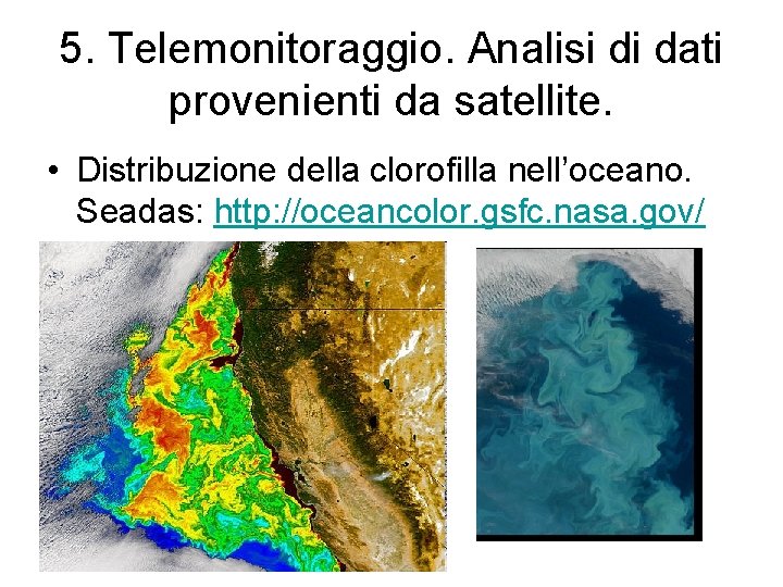 5. Telemonitoraggio. Analisi di dati provenienti da satellite. • Distribuzione della clorofilla nell’oceano. Seadas: