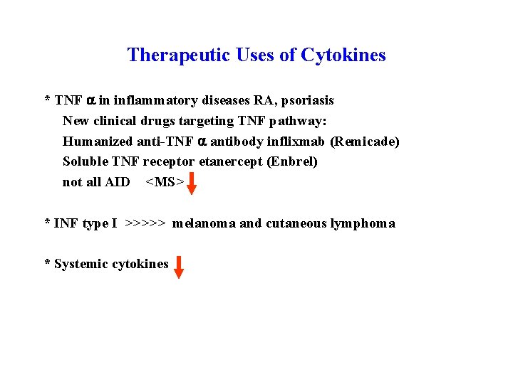 Therapeutic Uses of Cytokines * TNF a in inflammatory diseases RA, psoriasis New clinical