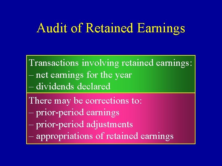 Audit of Retained Earnings Transactions involving retained earnings: – net earnings for the year