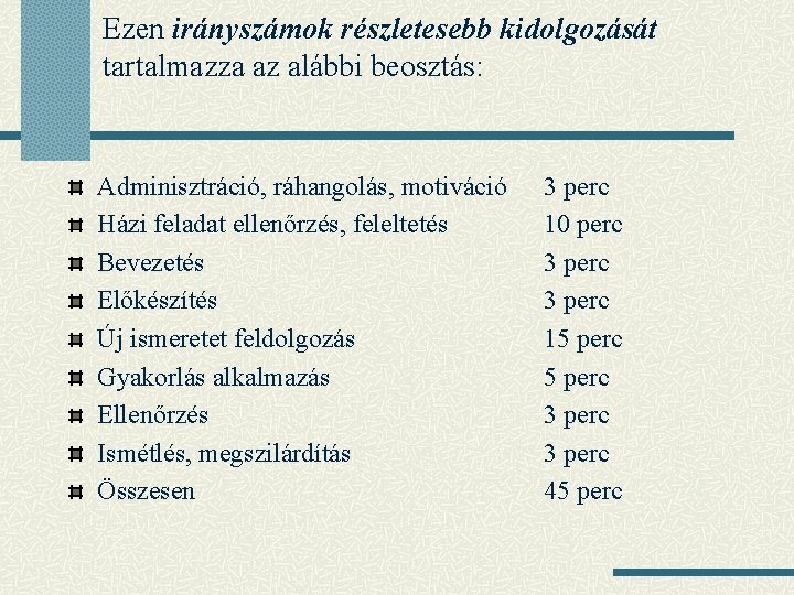 Ezen irányszámok részletesebb kidolgozását tartalmazza az alábbi beosztás: Adminisztráció, ráhangolás, motiváció Házi feladat ellenőrzés,