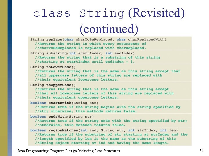 class String (Revisited) (continued) Java Programming: Program Design Including Data Structures 34 