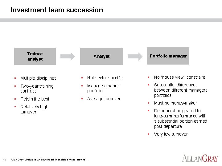 Investment team succession Trainee analyst Analyst § Multiple disciplines § Not sector specific §