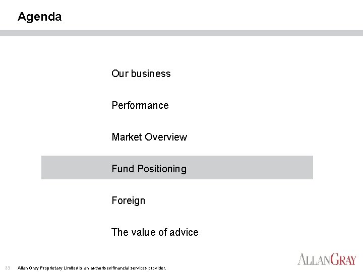 Agenda Our business Performance Market Overview Fund Positioning Foreign The value of advice 33