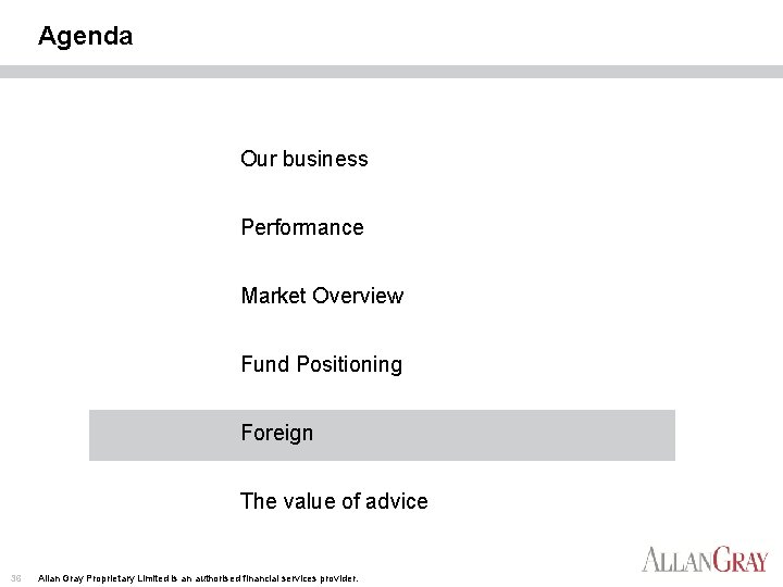 Agenda Our business Performance Market Overview Fund Positioning Foreign The value of advice 36