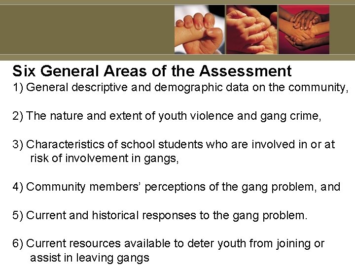 Six General Areas of the Assessment 1) General descriptive and demographic data on the Six General Areas of the Assessment 1) General descriptive and demographic data on the