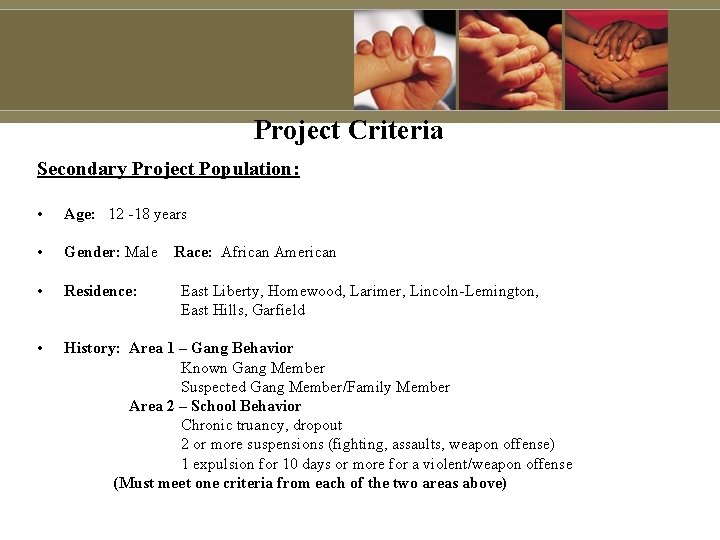 Project Criteria Secondary Project Population: • Age: 12 -18 years • Gender: Male • Project Criteria Secondary Project Population: • Age: 12 -18 years • Gender: Male •