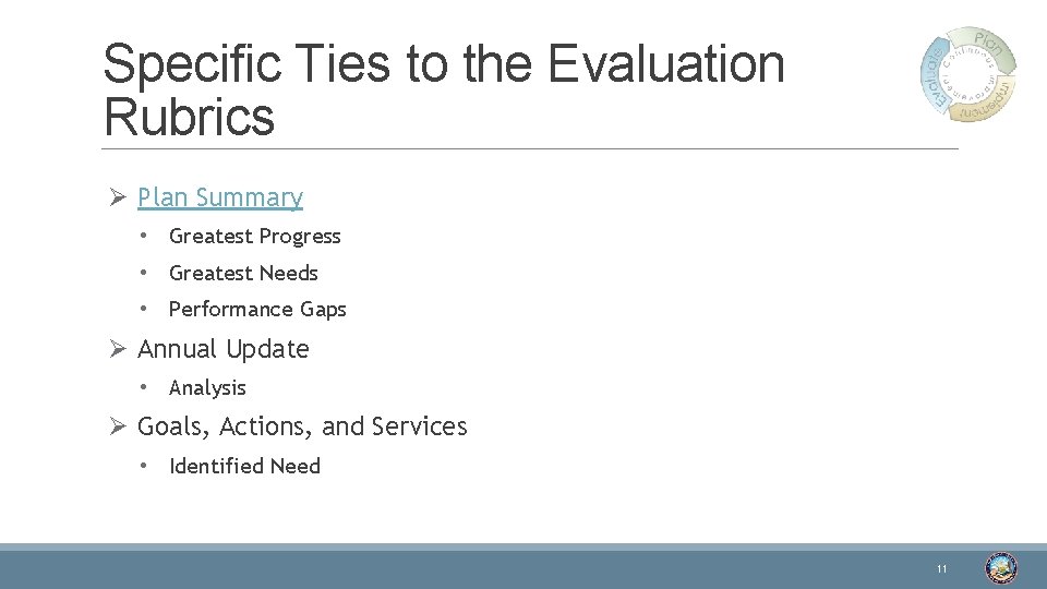 Specific Ties to the Evaluation Rubrics Ø Plan Summary • Greatest Progress • Greatest