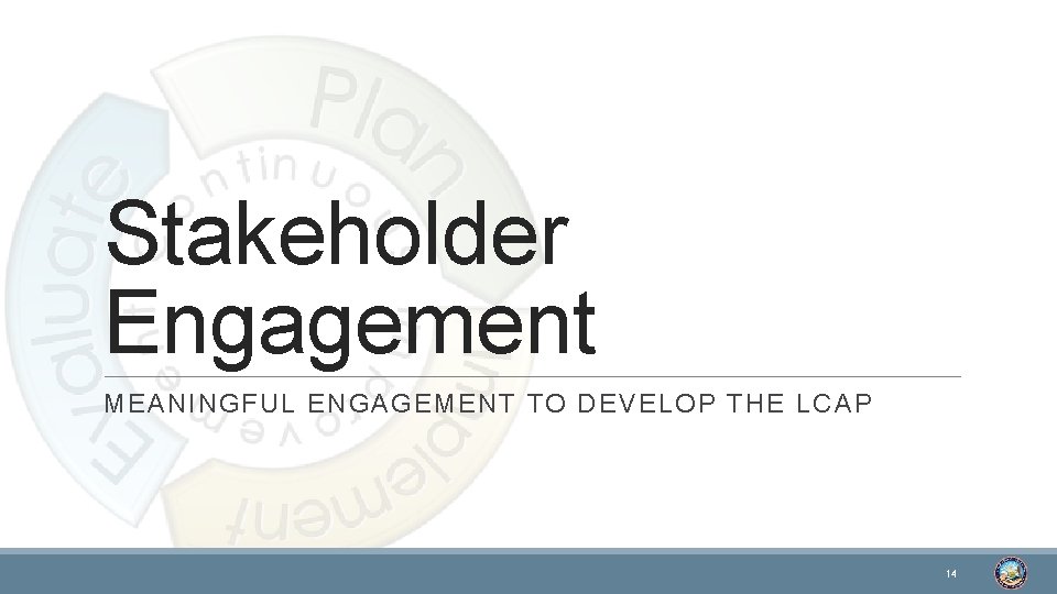 Stakeholder Engagement MEANINGFUL ENGAGEMENT TO DEVELOP THE LCAP 14 