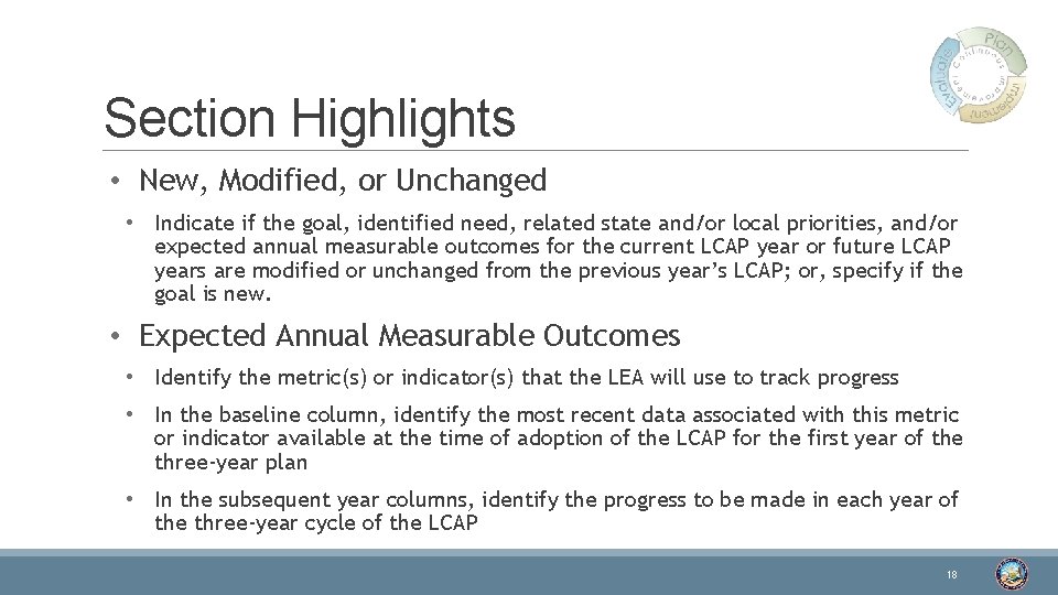 Section Highlights • New, Modified, or Unchanged • Indicate if the goal, identified need,