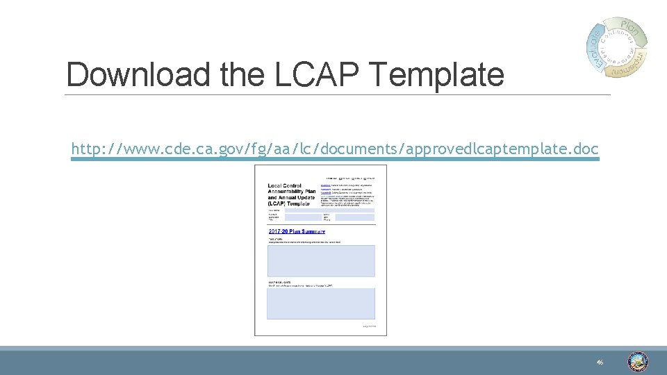 Download the LCAP Template http: //www. cde. ca. gov/fg/aa/lc/documents/approvedlcaptemplate. doc 46 