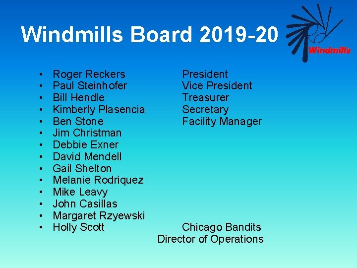 Windmills Board 2019 -20 • Roger Reckers President • Paul Steinhofer Vice President •