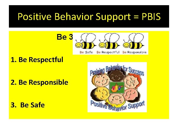 Positive Behavior Support = PBIS Be 3 1. Be Respectful 2. Be Responsible 3.