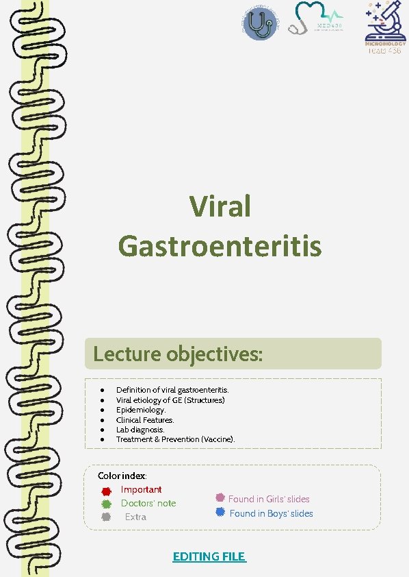 Viral Gastroenteritis Lecture objectives: ● ● ● Definition of viral gastroenteritis. Viral etiology of