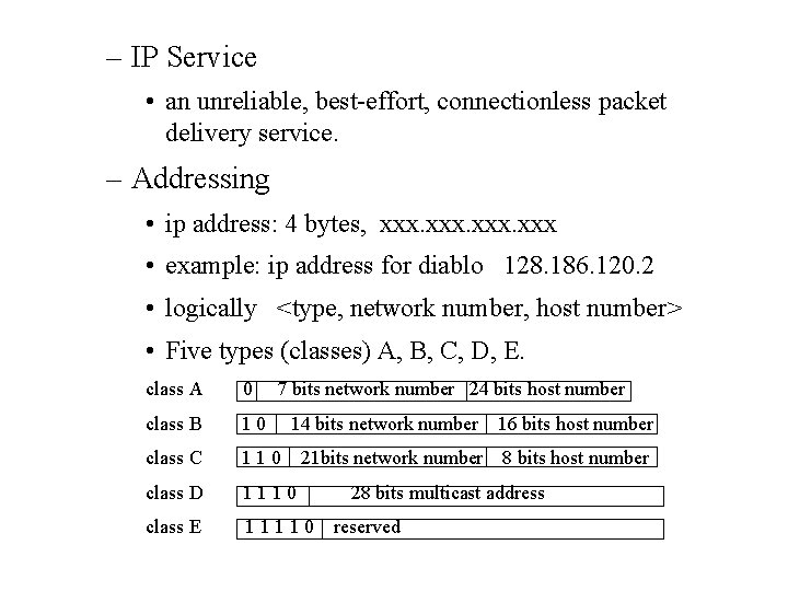 – IP Service • an unreliable, best-effort, connectionless packet delivery service. – Addressing •