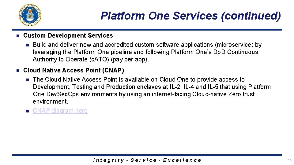 Platform One Services (continued) n Custom Development Services n Build and deliver new and
