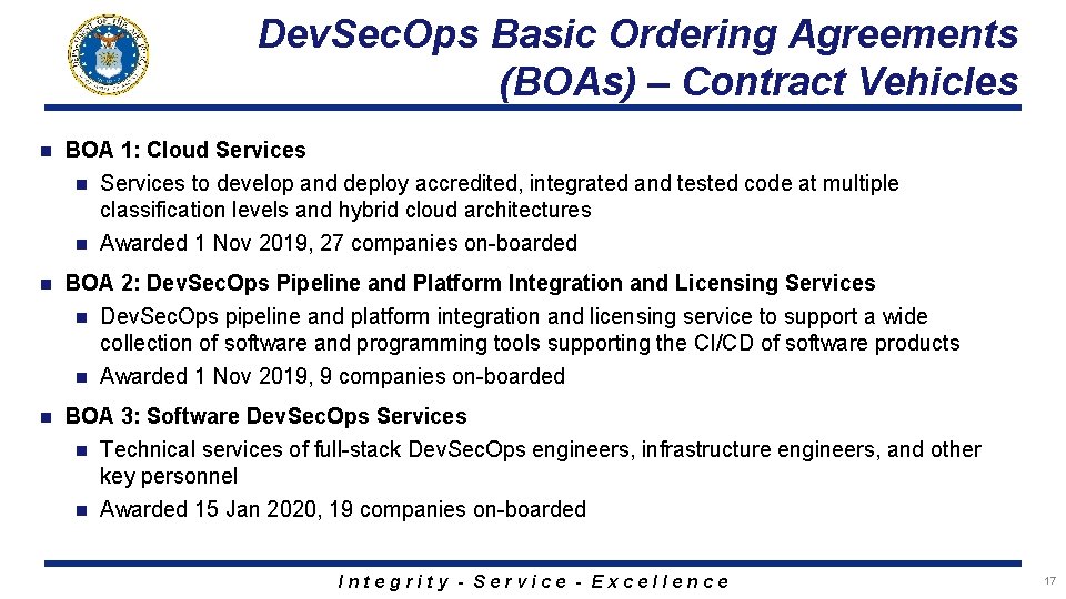 Dev. Sec. Ops Basic Ordering Agreements (BOAs) – Contract Vehicles n BOA 1: Cloud