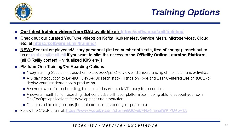 Training Options n Our latest training videos from DAU available at: https: //software. af.