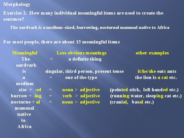 Morphology Exercise 2. How many individual meaningful items are used to create the sentence?