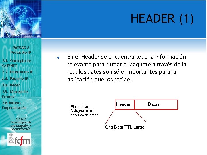 HEADER (1) UNIDAD 2 Protocolo IP 2. 1. Concepto de CATENET 2. 2. Direcciones