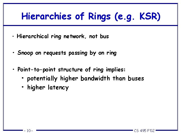 Hierarchies of Rings (e. g. KSR) • Hierarchical ring network, not bus • Snoop